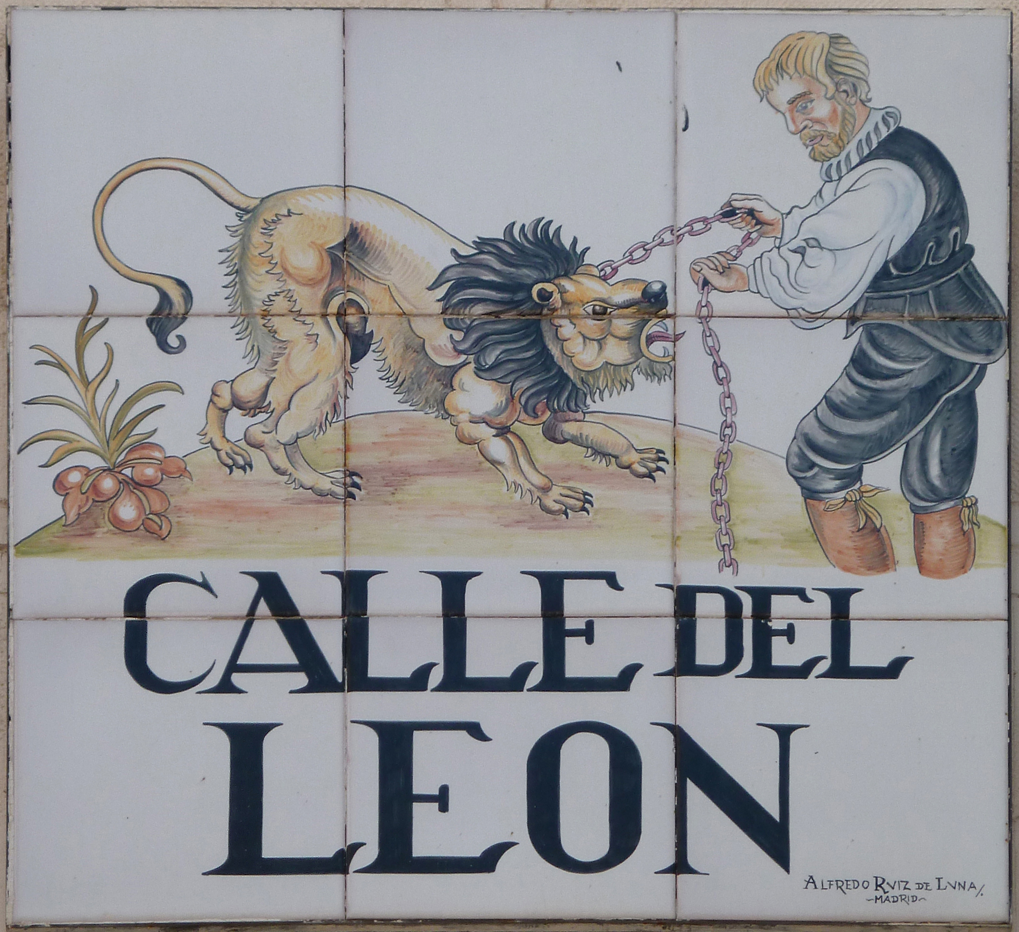 Sign of Calle del Leon (literally 'Lion Street') in Centro district in Madrid (Spain).